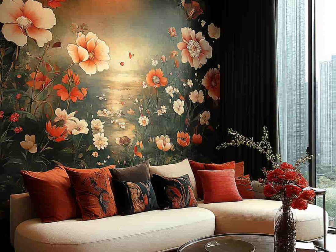 Custom floral mural installation across a residential living room wall