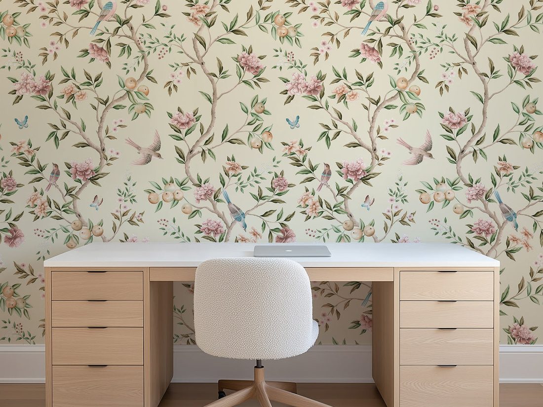 Home office with a delicate floral wallcovering behind the desk
