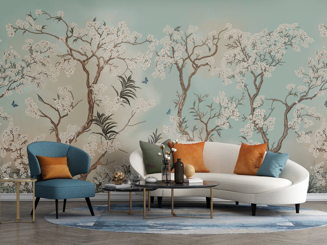 Elegant living room with a textured statement wallpaper accent wall